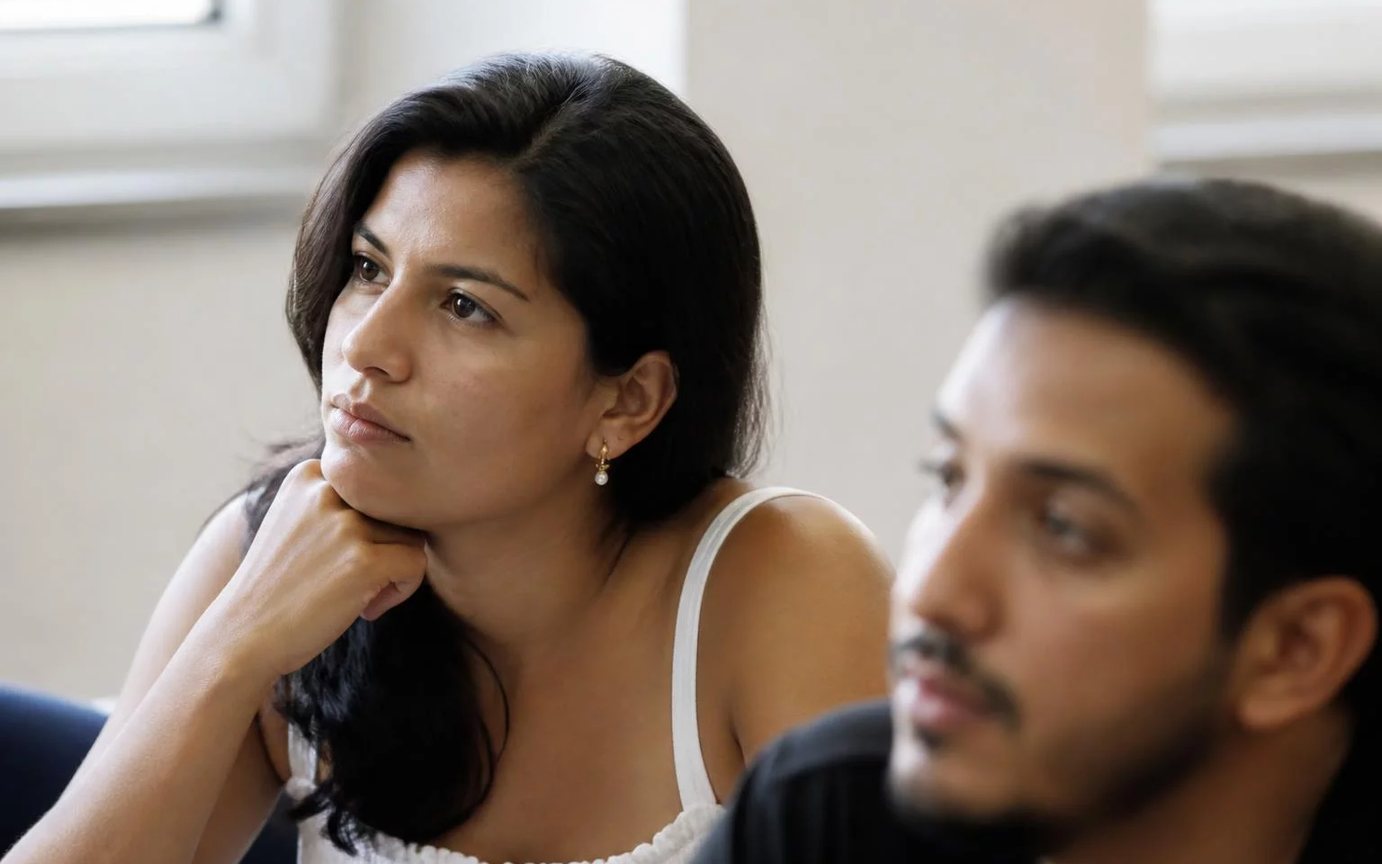 Roda de conversa em volta da mesa comprida: uma participante argumenta e o restante acompanha de caderno aberto