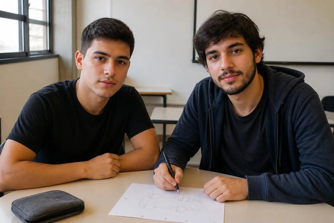 Duas pessoas relendo anotações num tablet apoiado sobre a mesa de madeira