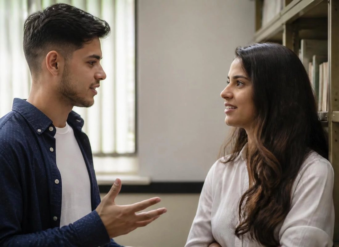 Conversa em pé entre as estantes da escola, com folhas de anotação na mão de quem discute